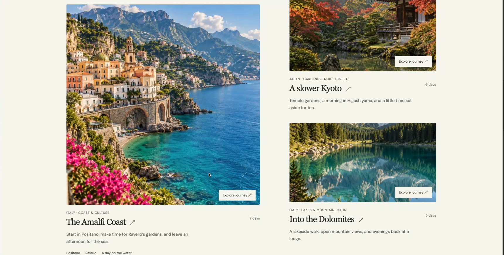 第二回合目的地：Amalfi Coast 7 天、Kyoto 6 天、Dolomites 5 天，每张卡片有地点、天数和可探索行程。