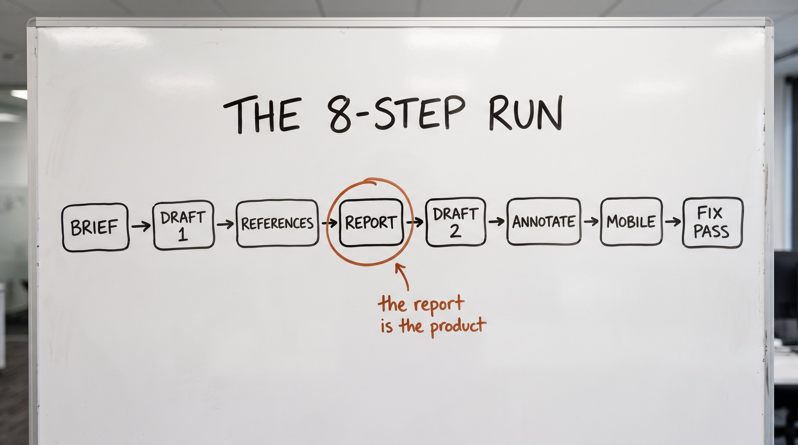 办公室白板：The 8-step run。Brief → Draft 1 → References → Report → Draft 2 → Annotate → Mobile → Fix pass。Report 被圈出来，标注 the report is the product。