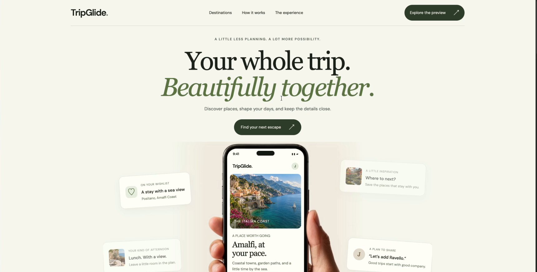 第二回合 Hero：手持手机，周围卡片写着 Positano 海景民宿、Let’s add Ravello，主按钮是 Explore the preview。