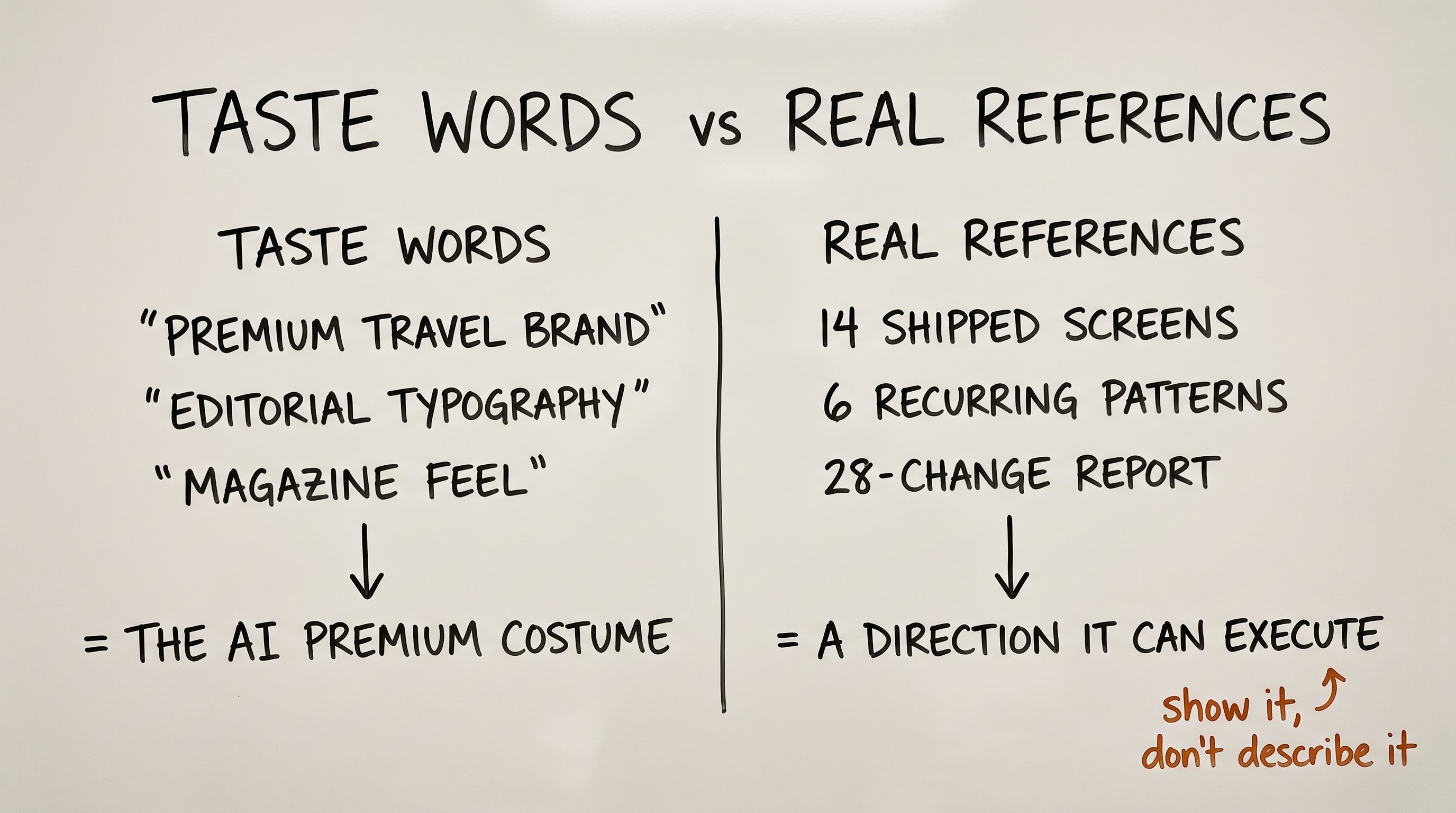 白板：Taste words 对比 Real references。左边 premium travel brand 等词等于 AI premium 戏服；右边 14 个真实界面、6 条范式、28 项改动等于模型能执行的方向。